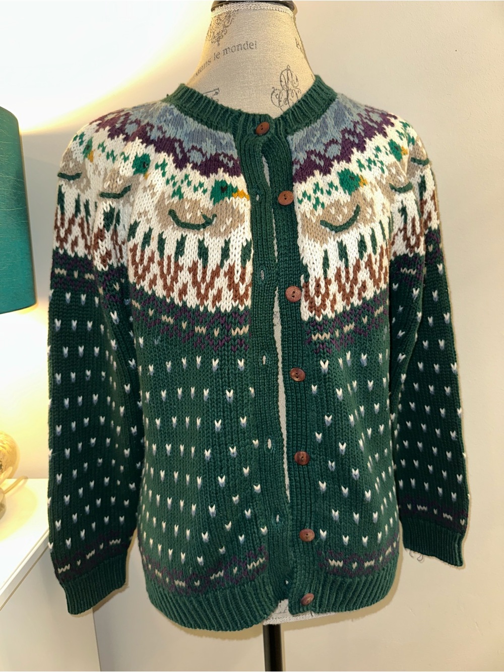 Vintage Northern Isle Ducks Hand Embroidered Cardigan Sweater M Excellent!